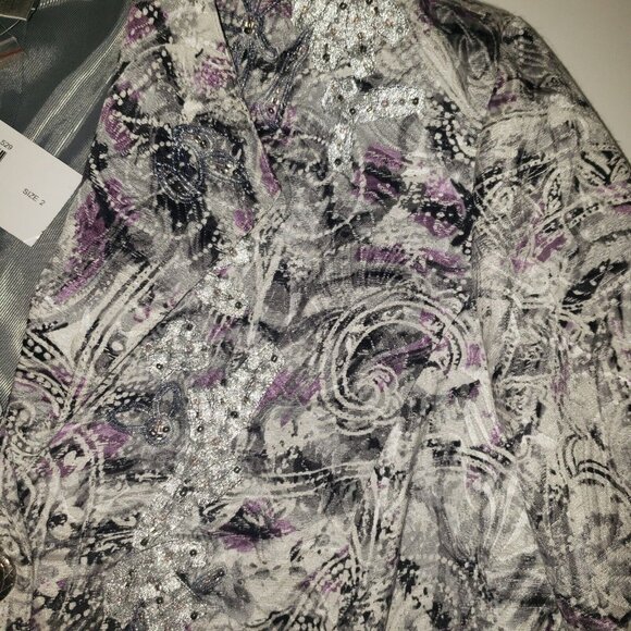 Chico's Parmenia Jacket Purple Pretty Print Silk Beaded Appliques Size 2 Large - Picture 14 of 16
